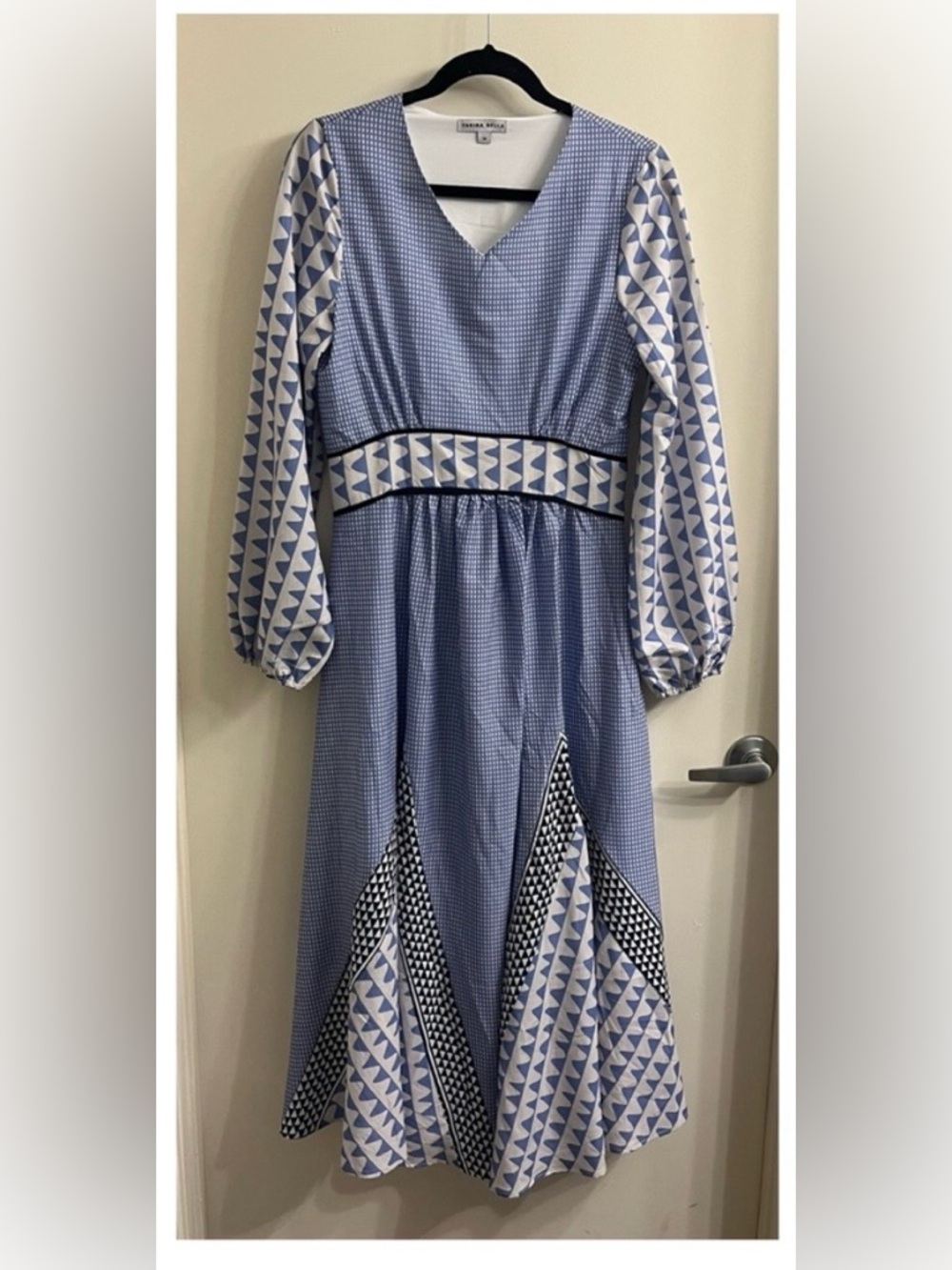 Yakira Bella Long Sleeve Gingham Geometric Print Midi Dress Blue Size Medium